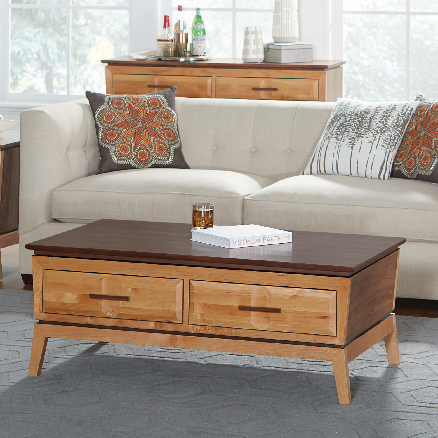 Addison Lift Top Coffee Table Lifestyle Image with Top Down Close Up