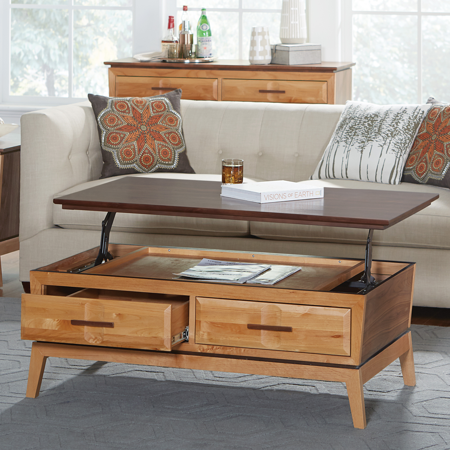 Addison Lift Top Coffee Table Lifestyle Image with Top Lifted Close Up