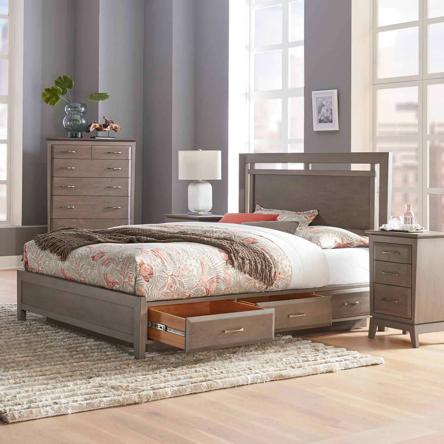Ellison Panel Storage Bed Queen Lifestyle Image with Drawers Pulled Out