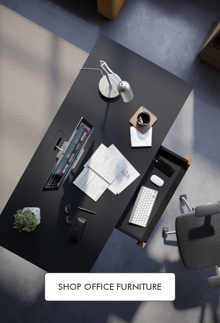 top down view of desk, text "Shop Office Furniture"