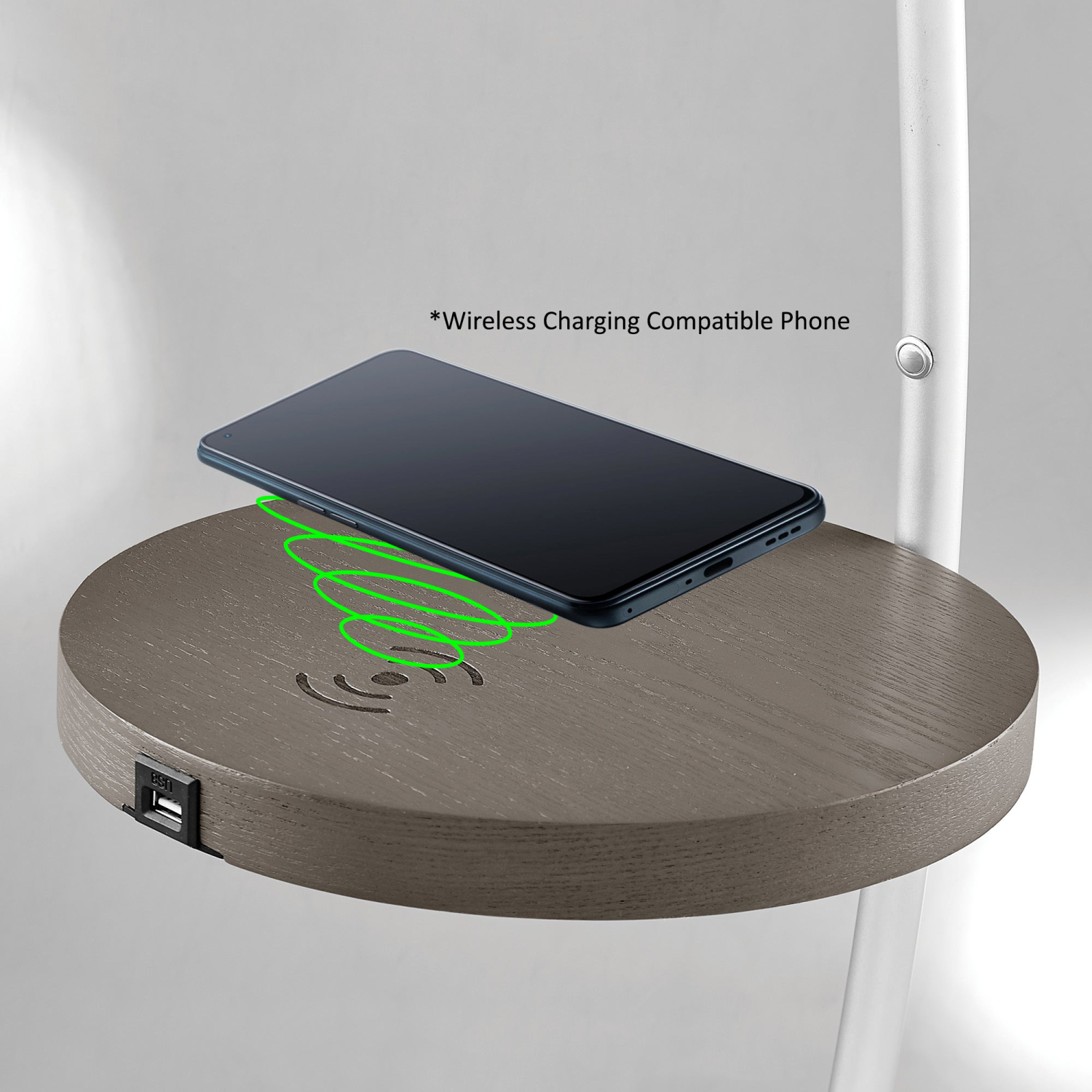 Monita Shelf Floor Lamp Close Up of Wireless Charging Shelf with USB Port