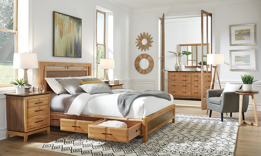 A bedroom with an Addison storage bed, dresser, and nightstand by Whittier Wood.