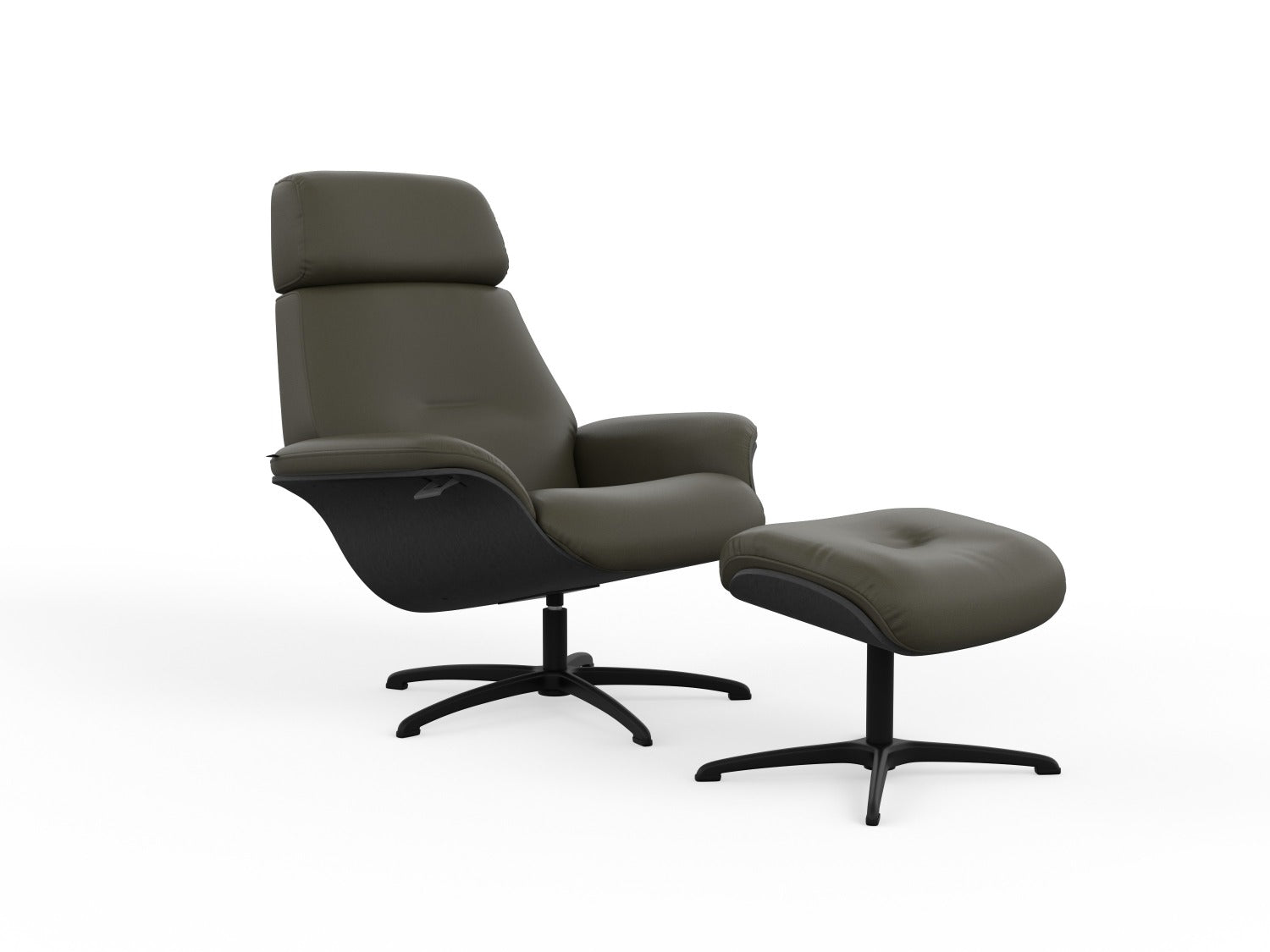 Falcon Chair & Ottoman in Olive Leather and Charcoal wood