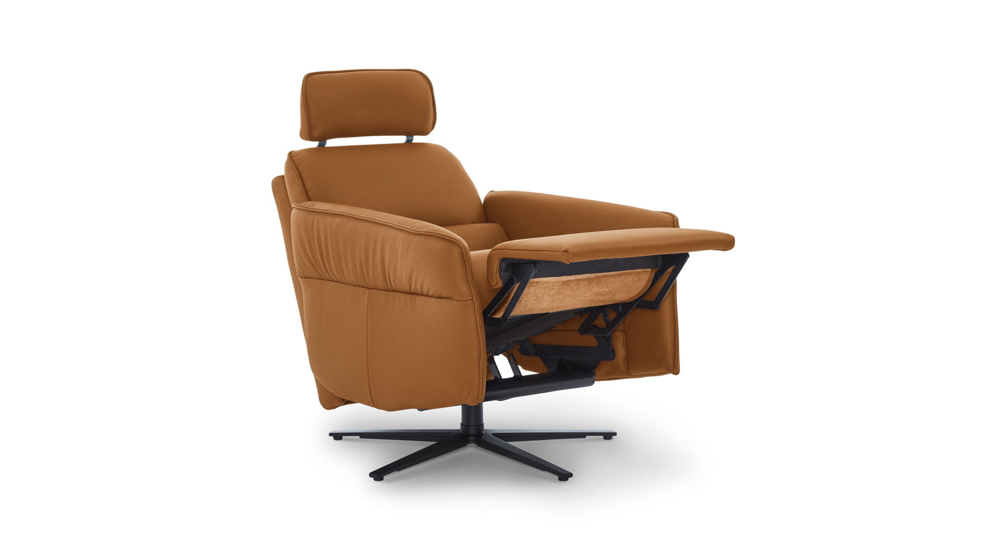Aura Recliner In Cognac Leather & Anthracite Base
