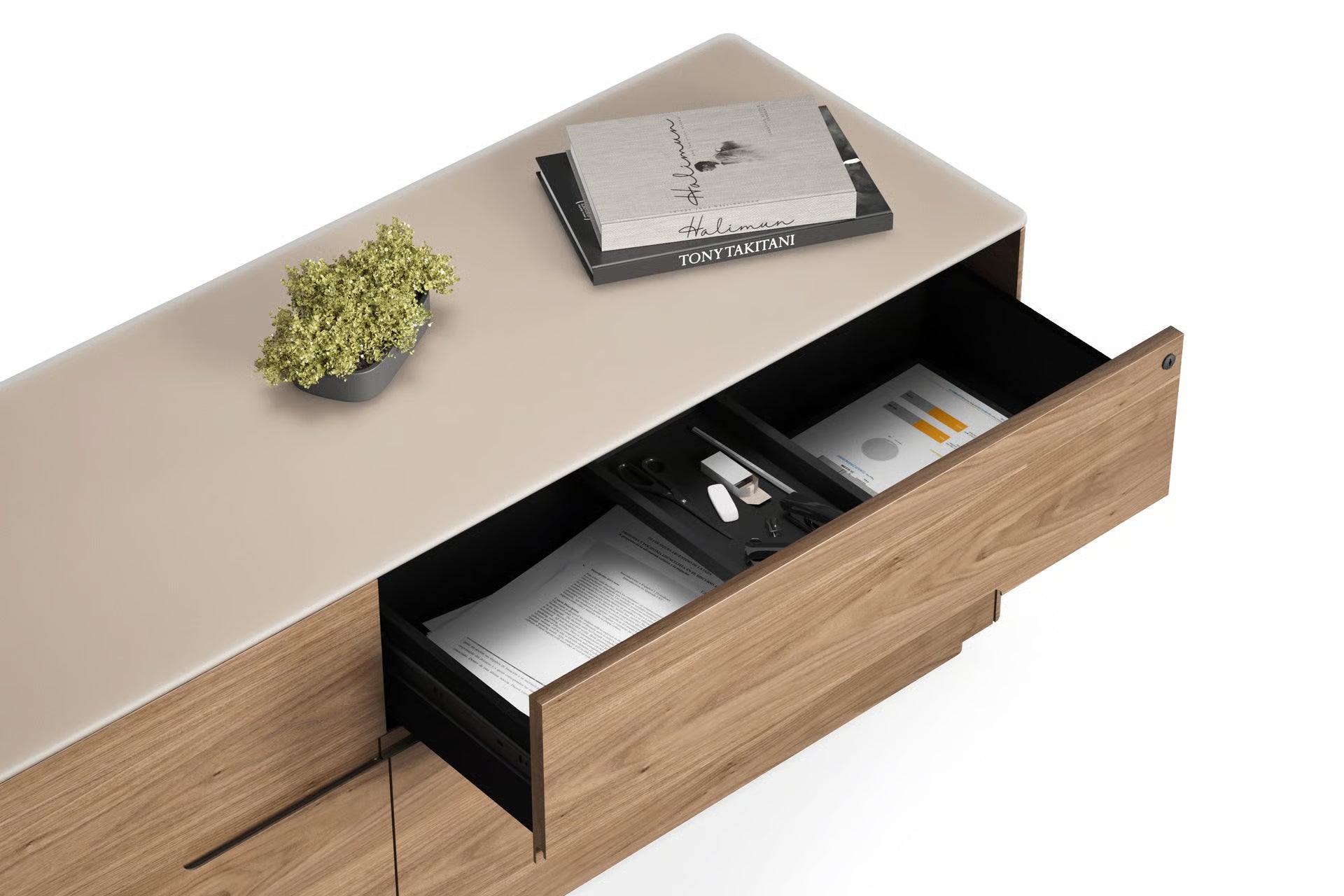 Luma multi-function office Cabinet wtih Dune Glass Top